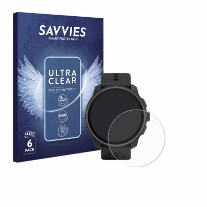 Parte frontal de un envase de producto con el logotipo de la marca Savvies. Al lado se muestra el dispositivo Suunto Race S co