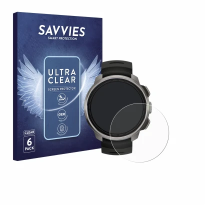 Parte frontal de un envase de producto con el logotipo de la marca Savvies. Al lado se muestra el dispositivo Suunto Ocean con