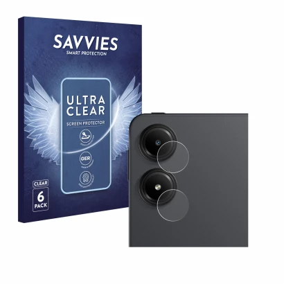 Parte frontal de un envase de producto con el logotipo de la marca Savvies. Al lado se muestra el dispositivo Xiaomi Redmi Pad