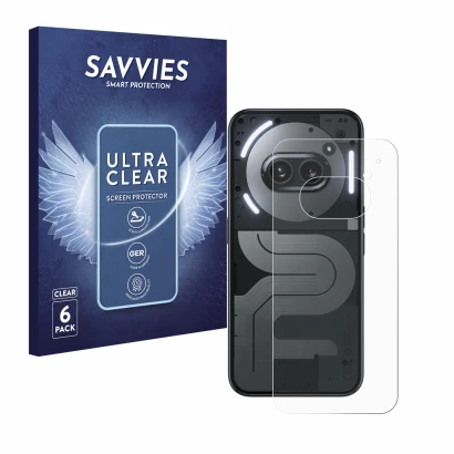 Parte frontal de un envase de producto con el logotipo de la marca Savvies. Al lado se muestra el dispositivo Nothing Phone (2