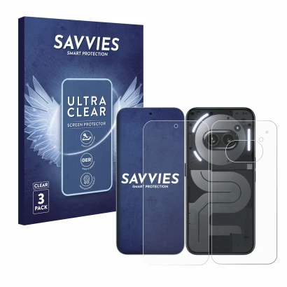 Parte frontal de un envase de producto con el logotipo de la marca Savvies. Al lado se muestra el dispositivo Nothing Phone (2