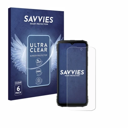Parte frontal de un envase de producto con el logotipo de la marca Savvies. Al lado se muestra el dispositivo Doogee Blade 10 