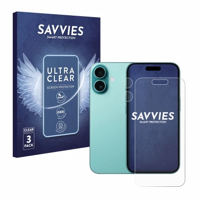 Parte frontal de un envase de producto con el logotipo de la marca Savvies. Al lado se muestra el dispositivo Apple iPhone 16 