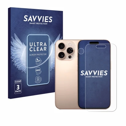 Parte frontal de un envase de producto con el logotipo de la marca Savvies. Al lado se muestra el dispositivo Apple iPhone 16 