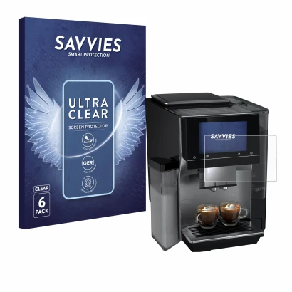 Parte frontal de un envase de producto con el logotipo de la marca Savvies. Al lado se muestra el dispositivo Siemens EQ700 co