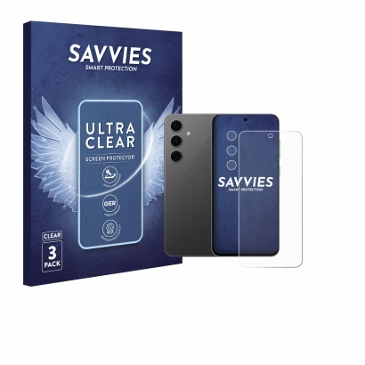 Parte frontal de un envase de producto con el logotipo de la marca Savvies. Al lado se muestra el dispositivo Samsung Galaxy S
