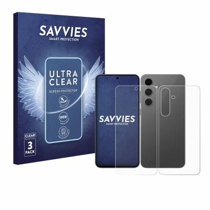 Parte frontal de un envase de producto con el logotipo de la marca Savvies. Al lado se muestra el dispositivo Samsung Galaxy S