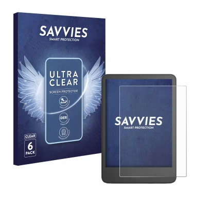 Parte frontal de un envase de producto con el logotipo de la marca Savvies. Al lado se muestra el dispositivo Amazon Kindle 20