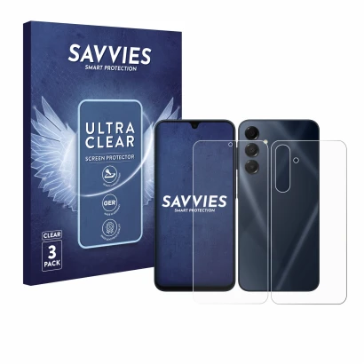 Parte frontal de un envase de producto con el logotipo de la marca Savvies. Al lado se muestra el dispositivo Samsung Galaxy A