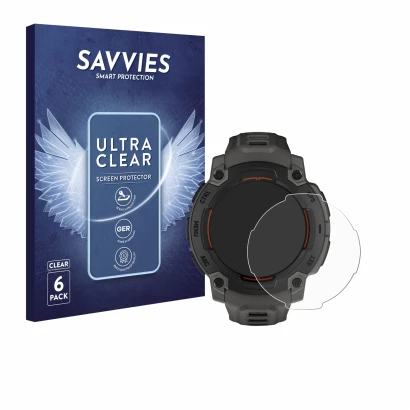 Parte frontal de un envase de producto con el logotipo de la marca Savvies. Al lado se muestra el dispositivo Garmin Instinct 