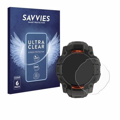 Parte frontal de un envase de producto con el logotipo de la marca Savvies. Al lado se muestra el dispositivo Garmin Instinct 