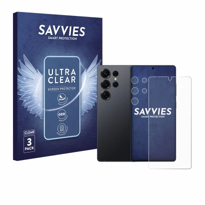 Parte frontal de un envase de producto con el logotipo de la marca Savvies. Al lado se muestra el dispositivo Samsung Galaxy S
