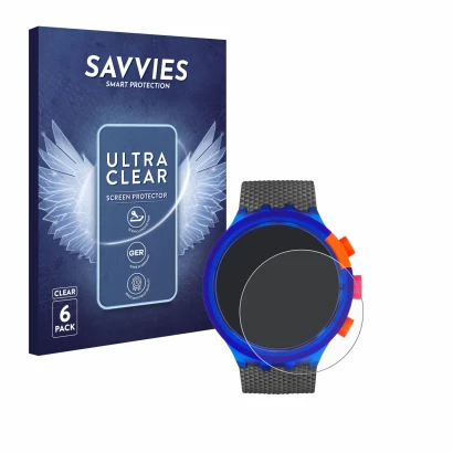 Parte frontal de un envase de producto con el logotipo de la marca Savvies. Al lado se muestra el dispositivo Swatch Neon Part