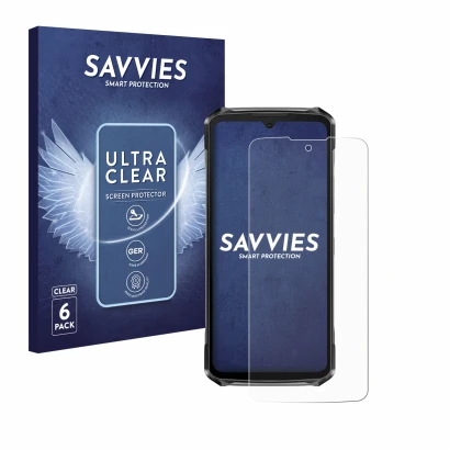 Parte frontal de un envase de producto con el logotipo de la marca Savvies. Al lado se muestra el dispositivo Doogee S119 con 