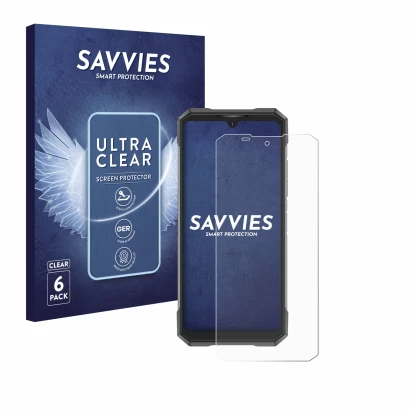 Parte frontal de un envase de producto con el logotipo de la marca Savvies. Al lado se muestra el dispositivo Doogee S200X con