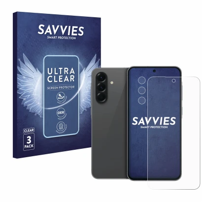 Parte frontal de un envase de producto con el logotipo de la marca Savvies. Al lado se muestra el dispositivo Samsung Galaxy A