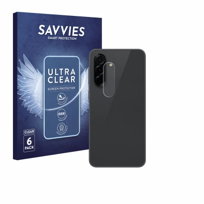 Parte frontal de un envase de producto con el logotipo de la marca Savvies. Al lado se muestra el dispositivo Samsung Galaxy A
