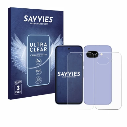 Parte frontal de un envase de producto con el logotipo de la marca Savvies. Al lado se muestra el dispositivo Google Pixel 9a 