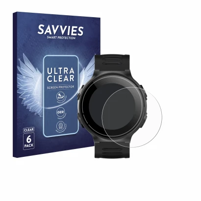 Parte frontal de un envase de producto con el logotipo de la marca Savvies. Al lado se muestra el dispositivo Kiprun GPS 500 C