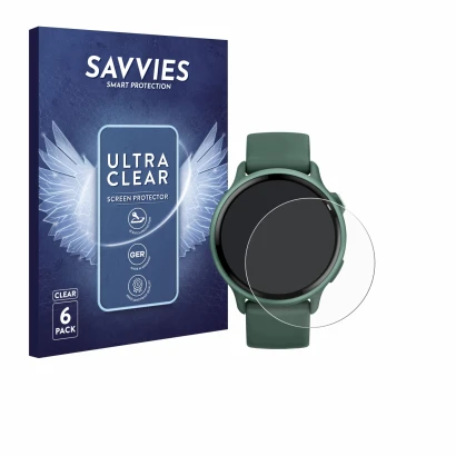 Parte frontal de un envase de producto con el logotipo de la marca Savvies. Al lado se muestra el dispositivo Garmin vivoactiv