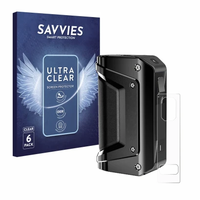 Parte frontal de un envase de producto con el logotipo de la marca Savvies. Al lado se muestra el dispositivo GeekVape Aegis L