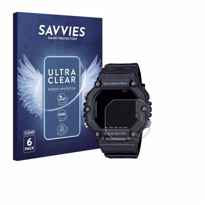 Parte frontal de un envase de producto con el logotipo de la marca Savvies. Al lado se muestra el dispositivo Casio AE-1600H c