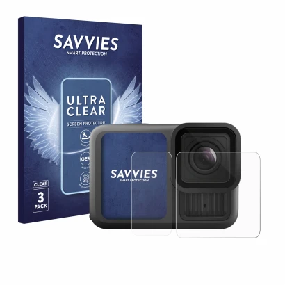 Parte frontal de un envase de producto con el logotipo de la marca Savvies. Al lado se muestra el dispositivo GoPro Hero 13 Bl