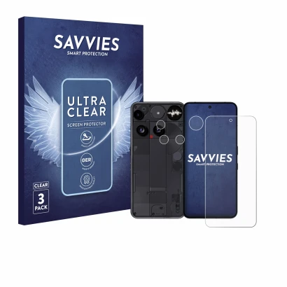 Parte frontal de un envase de producto con el logotipo de la marca Savvies. Al lado se muestra el dispositivo Nothing Phone (3