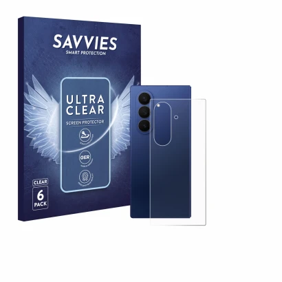 Parte frontal de un envase de producto con el logotipo de la marca Savvies. Al lado se muestra el dispositivo Samsung Galaxy Z