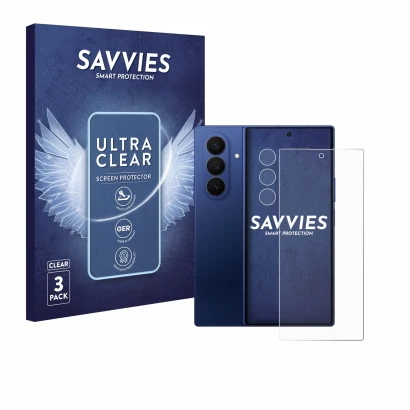 Parte frontal de un envase de producto con el logotipo de la marca Savvies. Al lado se muestra el dispositivo Samsung Galaxy Z