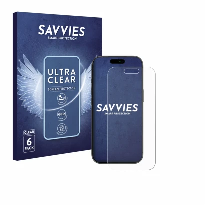 Parte frontal de un envase de producto con el logotipo de la marca Savvies. Al lado se muestra el dispositivo Apple iPhone 17 