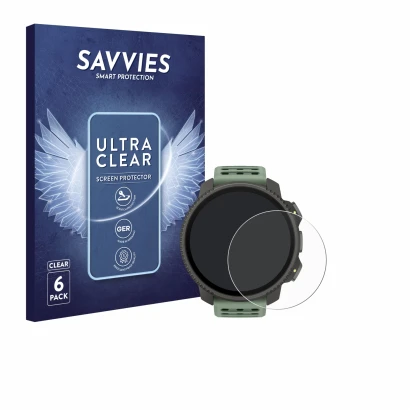 Parte frontal de un envase de producto con el logotipo de la marca Savvies. Al lado se muestra el dispositivo Suunto Vertical 