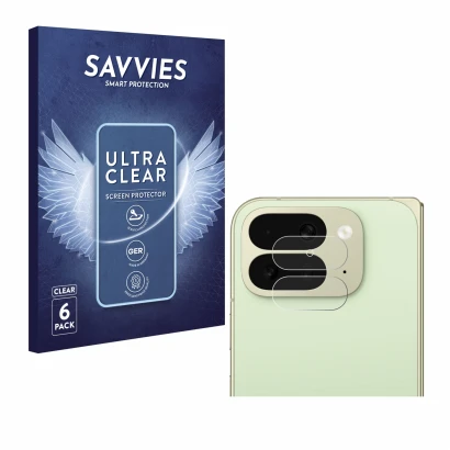 Parte frontal de un envase de producto con el logotipo de la marca Savvies. Al lado se muestra el dispositivo Google Pixel 10 