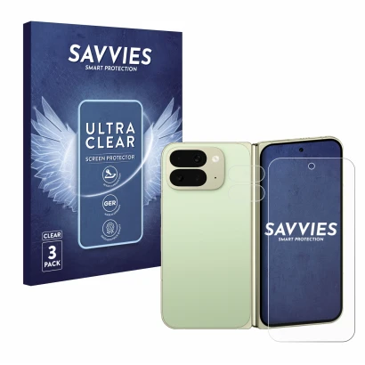 Parte frontal de un envase de producto con el logotipo de la marca Savvies. Al lado se muestra el dispositivo Google Pixel 10 