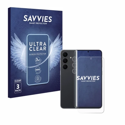 Parte frontal de un envase de producto con el logotipo de la marca Savvies. Al lado se muestra el dispositivo Samsung Galaxy S