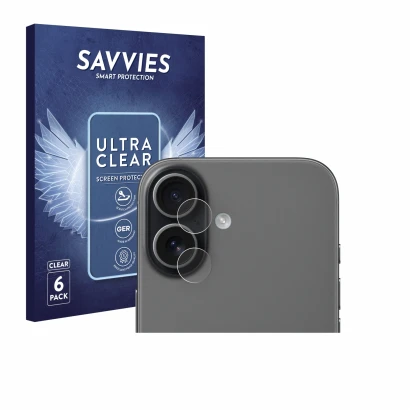 Parte frontal de un envase de producto con el logotipo de la marca Savvies. Al lado se muestra el dispositivo Apple iPhone 17 