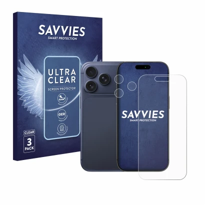 Parte frontal de un envase de producto con el logotipo de la marca Savvies. Al lado se muestra el dispositivo Apple iPhone 17 