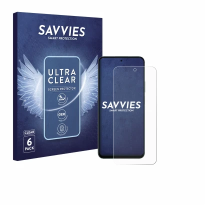 Parte frontal de un envase de producto con el logotipo de la marca Savvies. Al lado se muestra el dispositivo Honor 400 Smart 