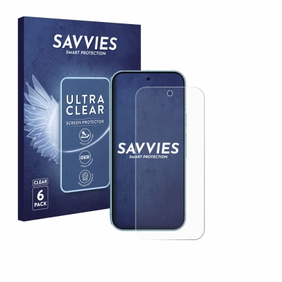 Parte frontal de un envase de producto con el logotipo de la marca Savvies. Al lado se muestra el dispositivo Google Pixel 9 (