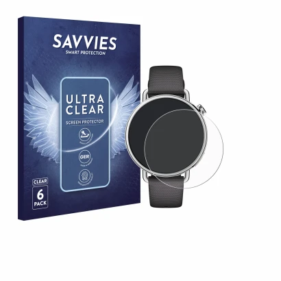 Parte frontal de un envase de producto con el logotipo de la marca Savvies. Al lado se muestra el dispositivo Xiaomi Watch S4 
