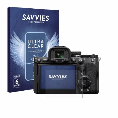 Parte frontal de un envase de producto con el logotipo de la marca Savvies. Al lado se muestra el dispositivo Sony Alpha 7 V (