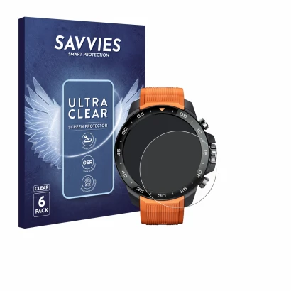 Parte frontal de un envase de producto con el logotipo de la marca Savvies. Al lado se muestra el dispositivo Xiaomi Mibro GS 