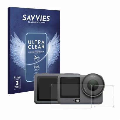 Parte frontal de un envase de producto con el logotipo de la marca Savvies. Al lado se muestra el dispositivo DJI Osmo Action 