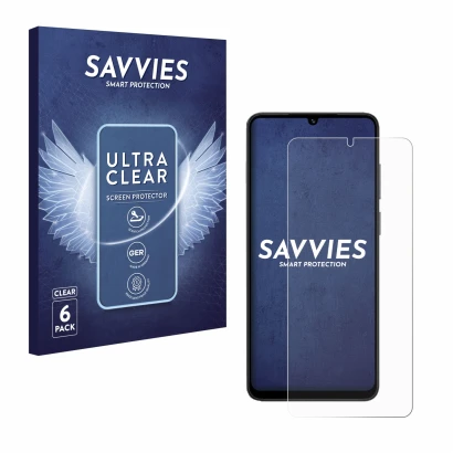 Parte frontal de un envase de producto con el logotipo de la marca Savvies. Al lado se muestra el dispositivo Honor X5c Plus c