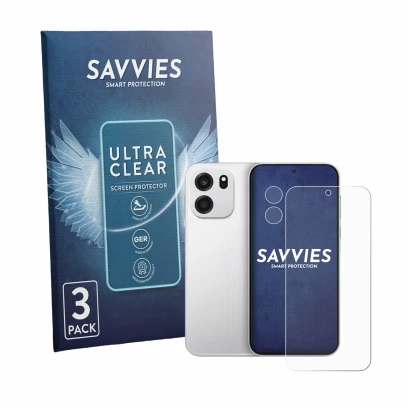 Parte frontal de un envase de producto con el logotipo de la marca Savvies. Al lado se muestra el dispositivo OnePlus Turbo 6V