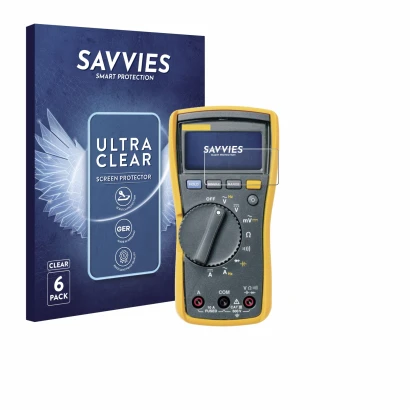 Parte frontal de un envase de producto con el logotipo de la marca Savvies. Al lado se muestra el dispositivo Fluke 115 con su