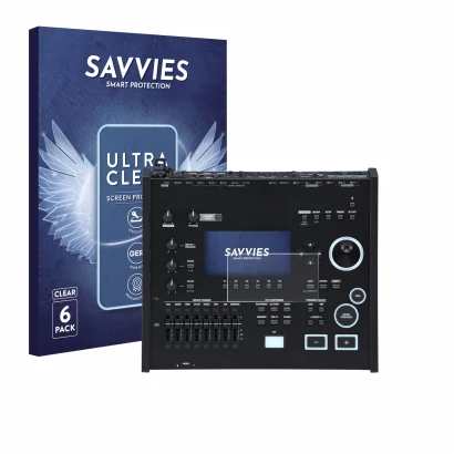 Parte frontal de un envase de producto con el logotipo de la marca Savvies. Al lado se muestra el dispositivo Roland V71 con s