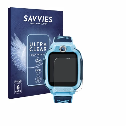 Parte frontal de un envase de producto con el logotipo de la marca Savvies. Al lado se muestra el dispositivo Imoo Watch Phone