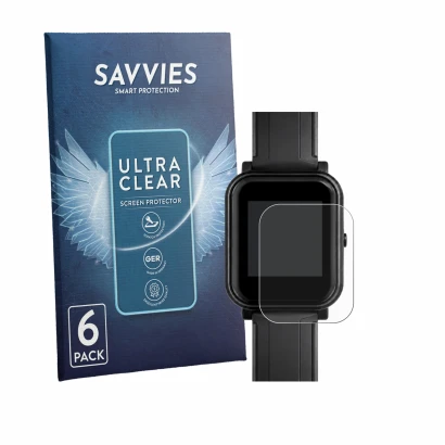 Parte frontal de un envase de producto con el logotipo de la marca Savvies. Al lado se muestra el dispositivo Bangle.js 2 con 