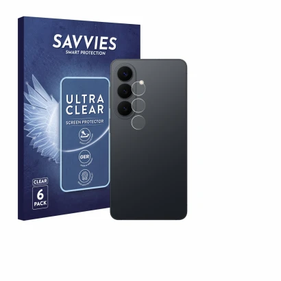 Parte frontal de un envase de producto con el logotipo de la marca Savvies. Al lado se muestra el dispositivo Samsung Galaxy S